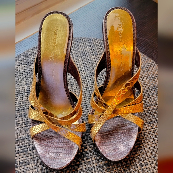 REPORT SIGNATURE GOLD STRAPPY OPEN BACK PLATFORM STILETTOS SIZE 8M PRE-OWNED - Picture 2 of 6